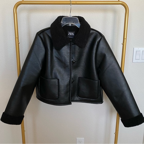 Zara Double Faced Leather Style and Sherpa Trim Jacket in Black - Picture 3 of 13